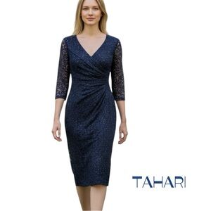 Tahari Sheer Navy Lace Sequined Ruched Dress NWOT Size 4